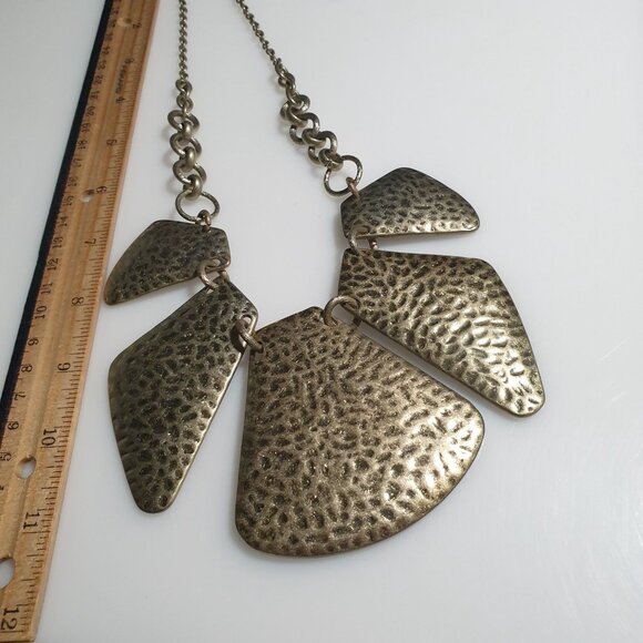 Large Hammered Gold Tone Statement Necklace Geometric Shapes Adjustable Costume - Picture 6 of 7